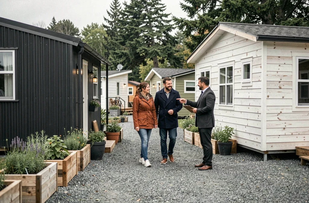 Couple visitant une communauté de tiny houses avec un agent immobilier lors d'une journée portes ouvertes en extérieur