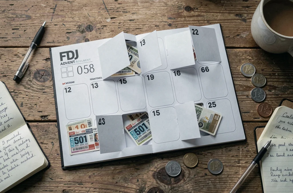 Vue aérienne du calendrier de l'Avent Française des Jeux ouvert avec cases révélant des tickets à gratter et des pièces