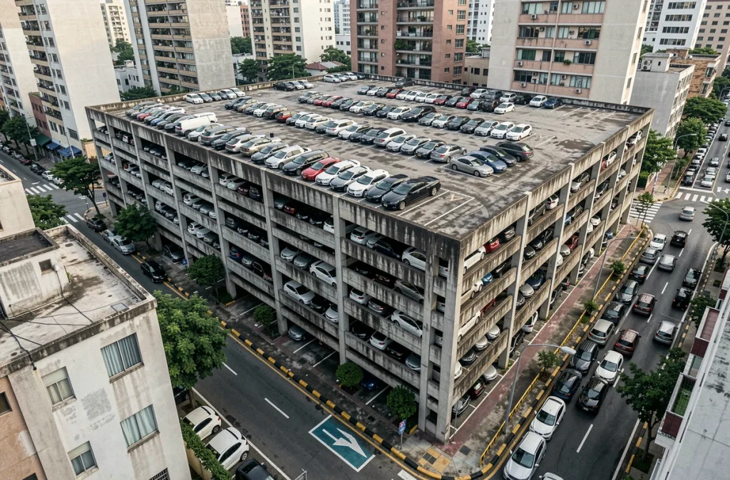 Vue aérienne d'un parking urbain à plusieurs niveaux intégré dans un quartier dense de la ville